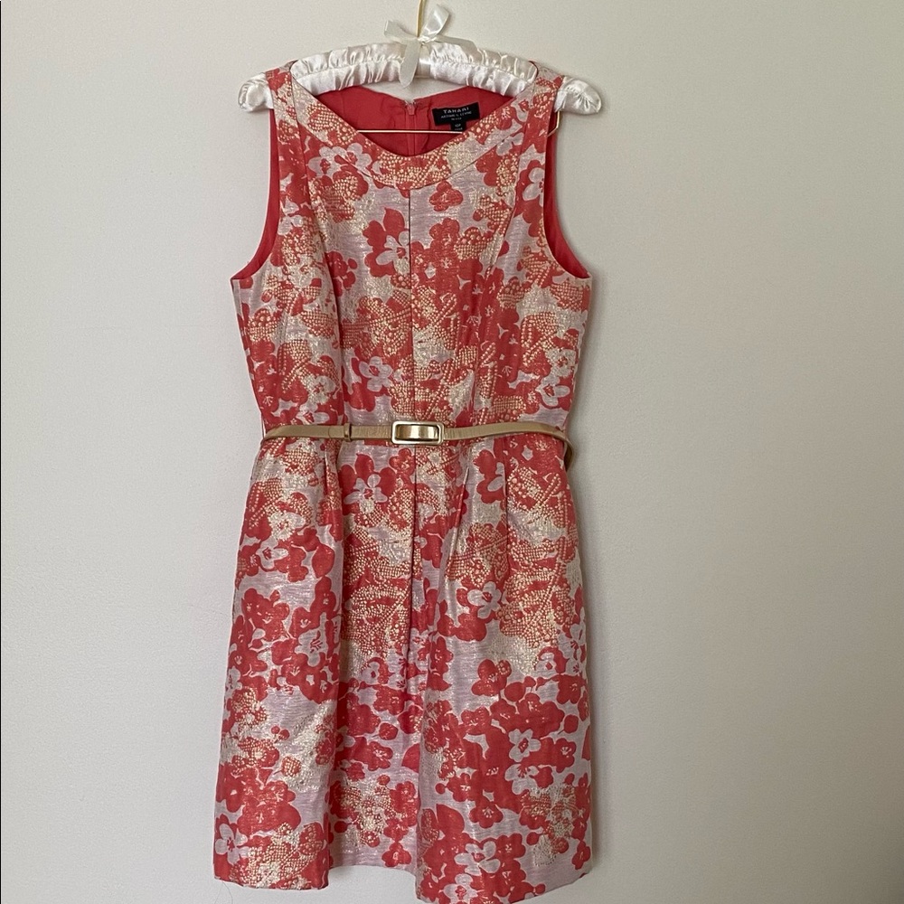 Tahari Jaquard Floral Coral/Gold Cocktail Dress